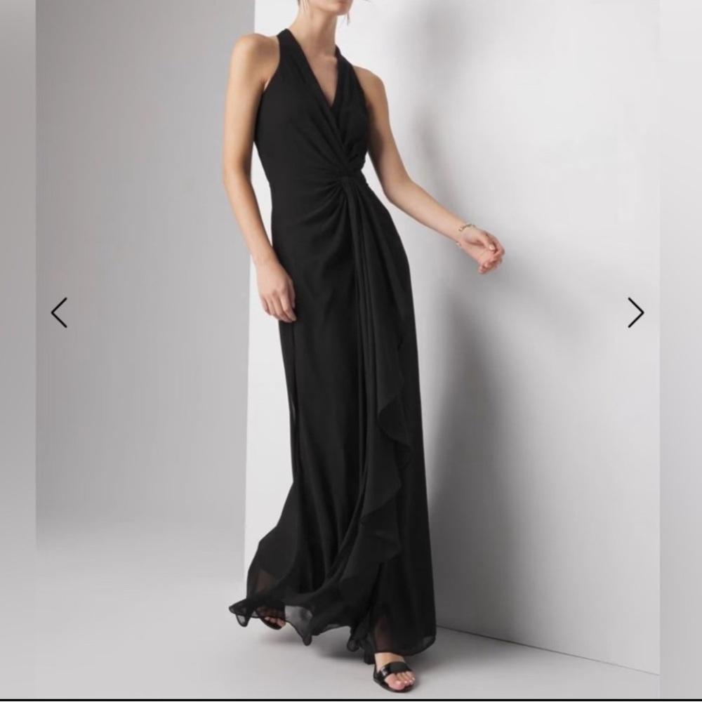 WHBM NWT Black SL V-Neck Draped Knot Waterfall Ruffle Maxi Gown Dress 8